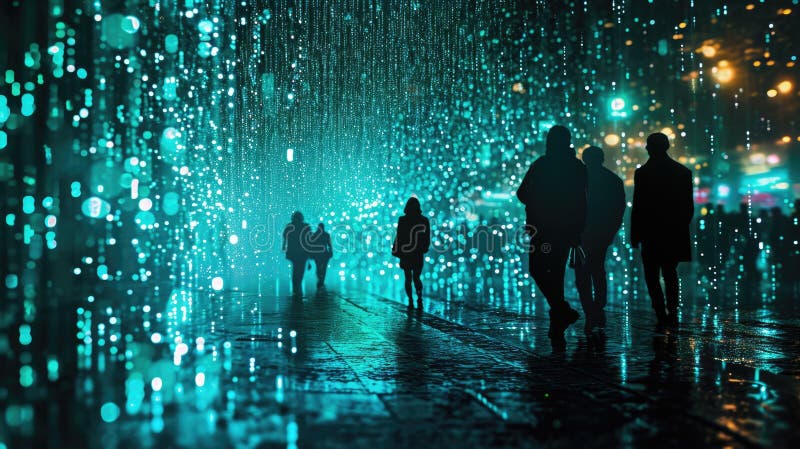 The group people try searching something in digital matrix binary code. AIGX01. stock photo