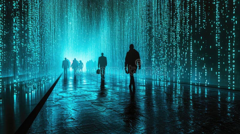 The group people try searching something in digital matrix binary code. AIGX01. stock images