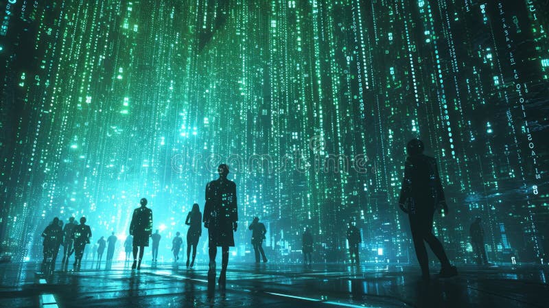 The group people try searching something in digital matrix binary code. AIGX01. stock photography