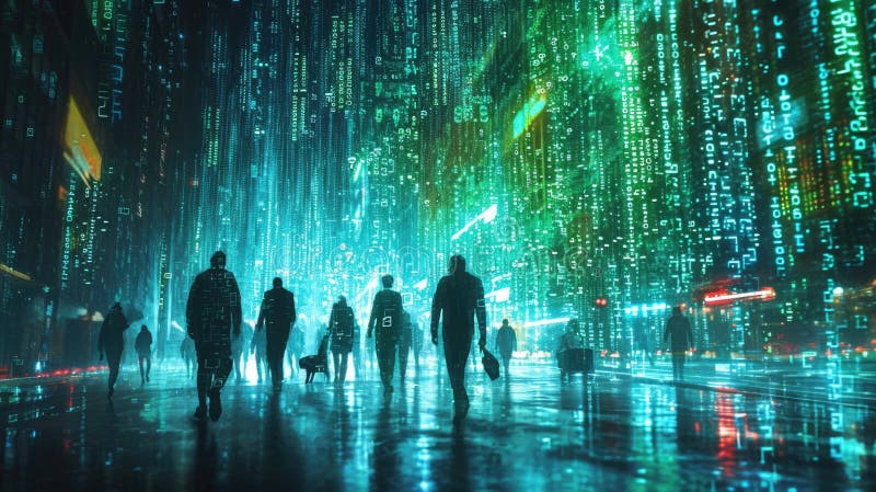 The group people try searching something in digital matrix binary code. AIGX01. stock photography