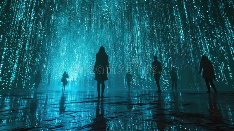 The group people try searching something in digital matrix binary code. AIGX01. royalty free stock photography