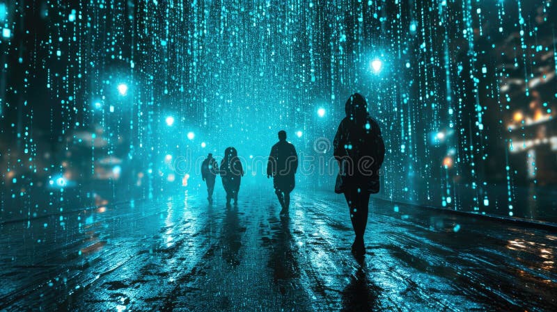 The group people try searching something in digital matrix binary code. AIGX01. stock image