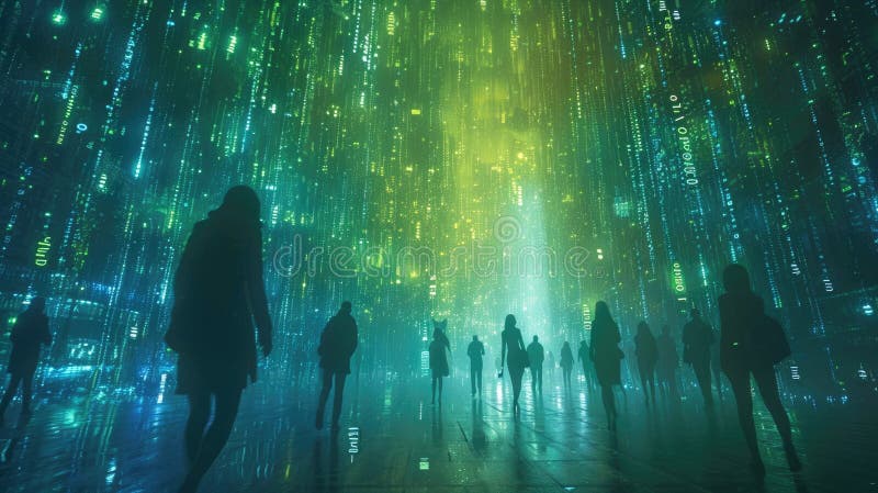 The group people try searching something in digital matrix binary code. AIGX01. royalty free stock photos