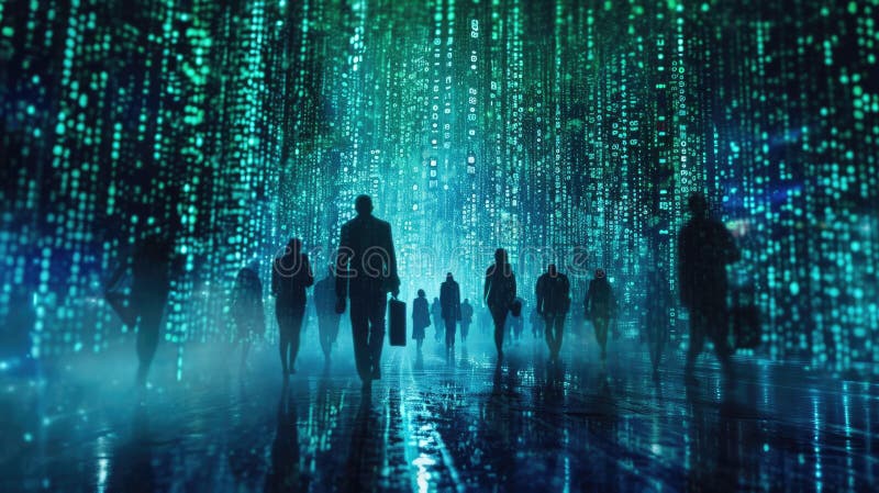 The group people try searching something in digital matrix binary code. AIGX01. stock image