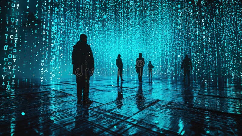 The group people try searching something in digital matrix binary code. AIGX01. stock images
