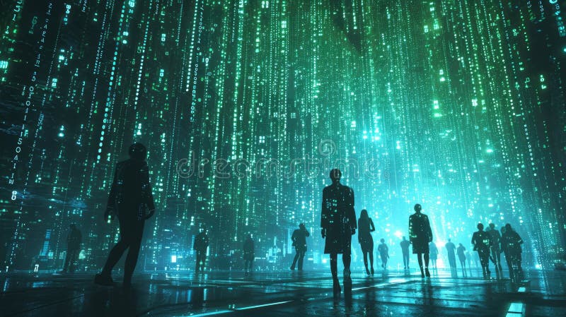 The group people try searching something in digital matrix binary code. AIGX01. royalty free stock photography