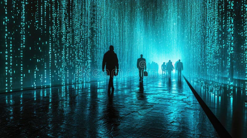 The group people try searching something in digital matrix binary code. AIGX01. royalty free stock photography