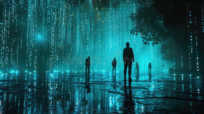 The group people try searching something in digital matrix binary code. AIGX01. royalty free stock photos