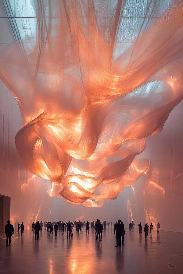 A group of people are walking through a large, open space with a large, orange, flowing fabric above them. The atmosphere is lively and energetic, with people of all ages enjoying the space AI generated