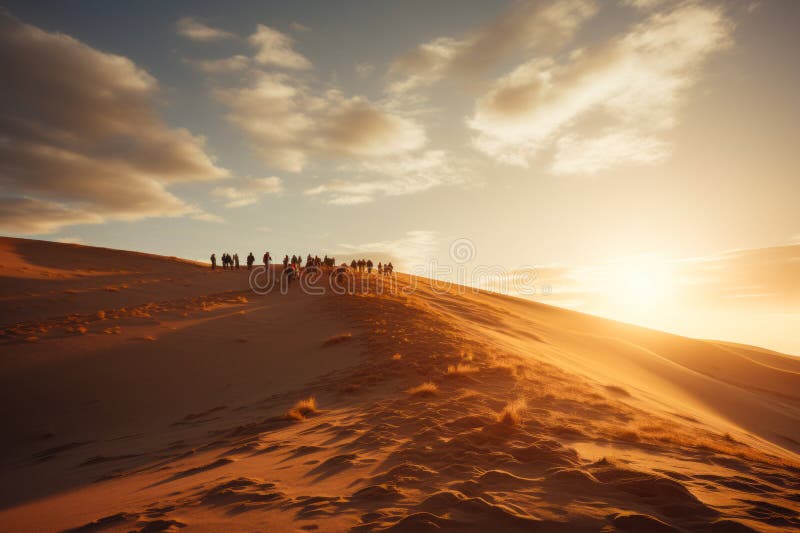 Group of people walking up sand dune at sunset. Generative AI stock photos