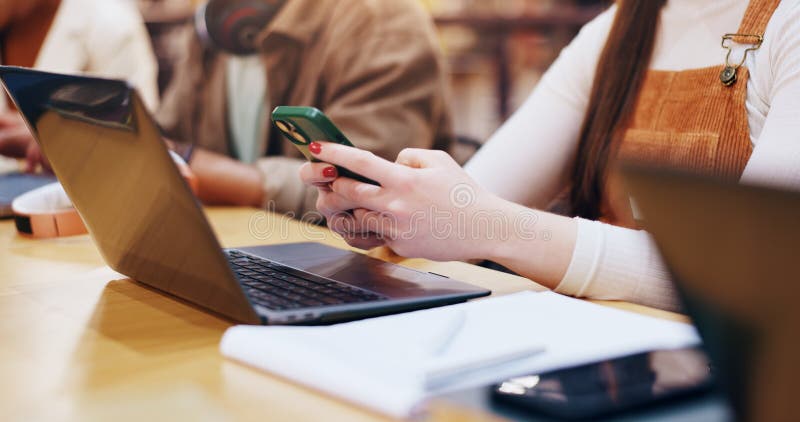 Group, phone and studying for exam, hands and browsing of laptop, education and friends with tech. College students royalty free stock photos