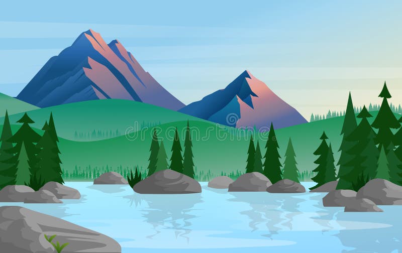 Group of pine trees reflected in calm still water with mountains on a background vector illustration. Mountain and lake