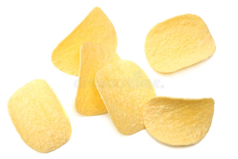 Group of Potato Chips Isolated on White Background. Top View Stock