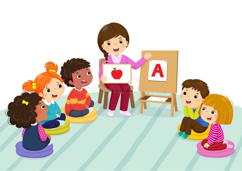 Group of preschool kids and teacher sitting on the floor.Teacher explaining alphabet to children
