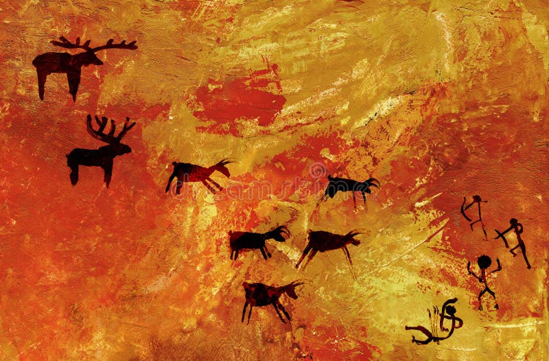 Group of primitive people hunts a herd of hoofed animals of deer and moose. Stylization of cave rock art