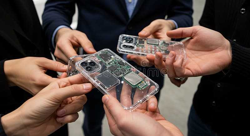 Hands examine transparent circuit board phone cases vector illustration