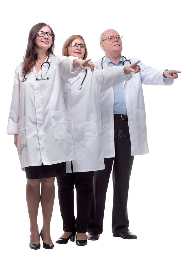 Group of Qualified Medical Professionals Pointing Ahead Stock Image