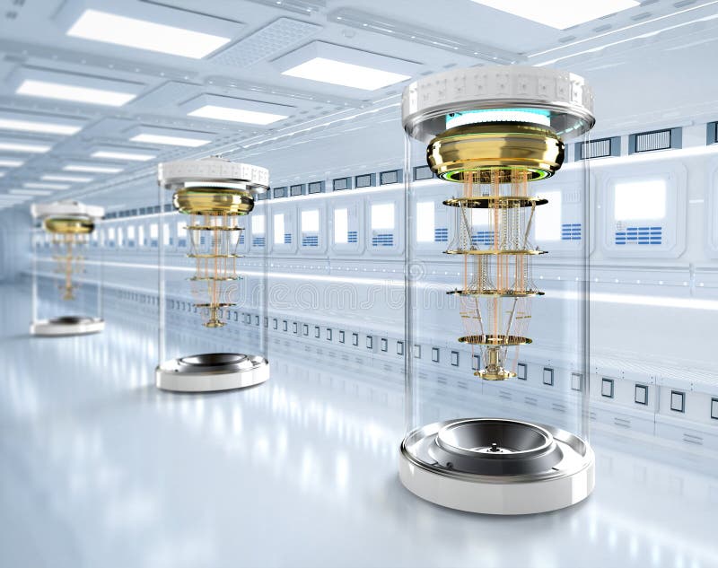 Group of quantum computer machines in shield capsules stock illustration