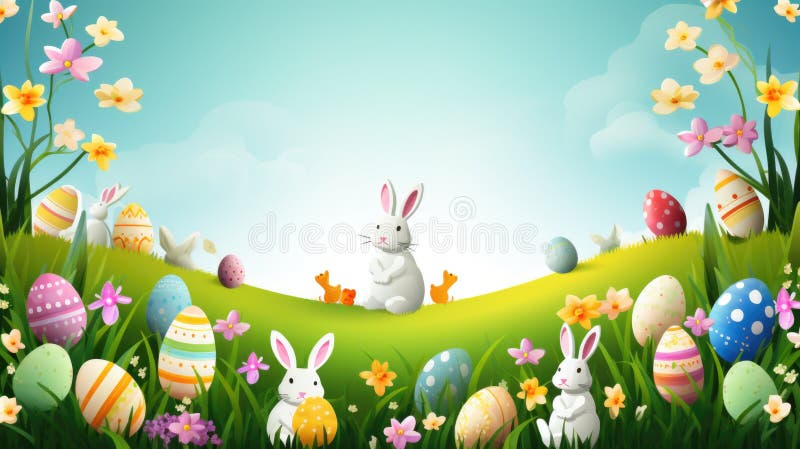 Group of rabbits surrounded by colorful Easter eggs. Suitable for Easter holiday concepts stock photos