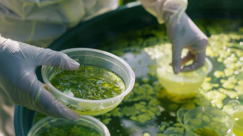 A group of researchers and scientists studying the potential of using algal blooms from permaculture ponds as a source royalty free stock photo