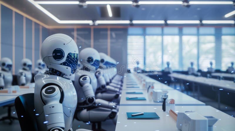A group of robots are sitting at desks in a room. The robots are all wearing masks and appear to be working. The room is filled with desks and chairs, and there are several windows in the room. Robots working futuristic office stock images, royalty-free photos and pictures