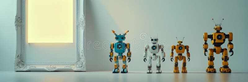 Group robots standing next to mirror stock illustration