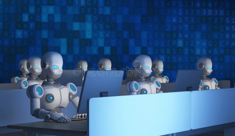 Group of robots using computers with data code. Artificial royalty free illustration