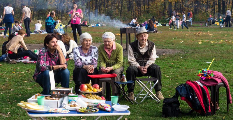 Group of Russian Pensioners in a Park stock photography Group of Russian Pensioners in a Park stock photography