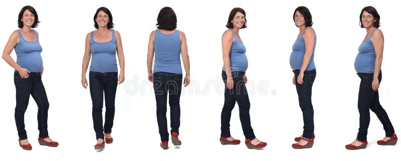 Group of same woman pregnant on white background