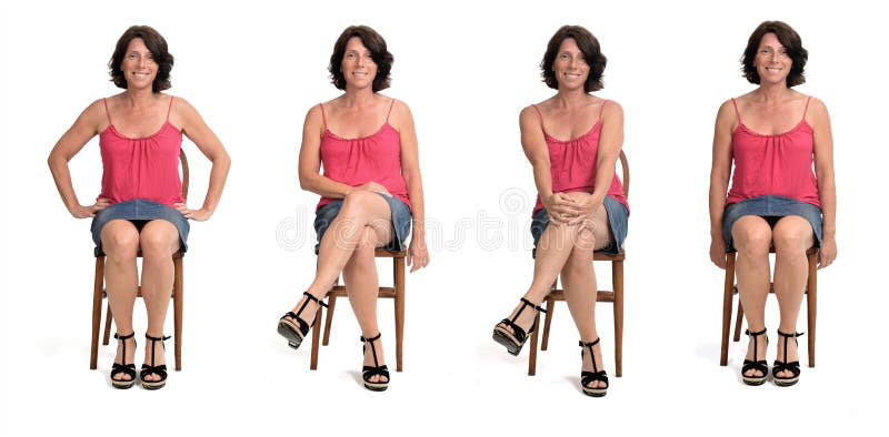 Group of same woman in skirt sitting on white background.