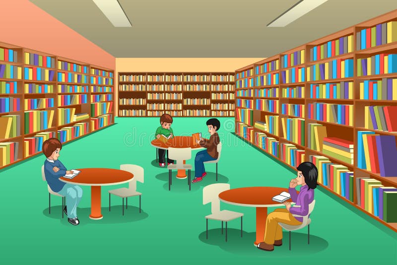 Download Group Of School Kids Studying In Library Illustration ...