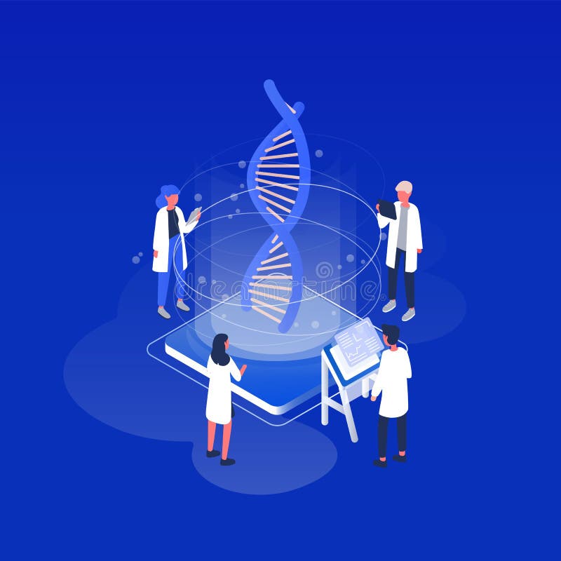 Group of scientists or researchers wearing white coats analyzing DNA molecule in science lab. Genetic engineering