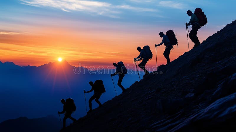 Silhouetted hikers ascending a mountain at sunset with backpacks and poles stock illustration