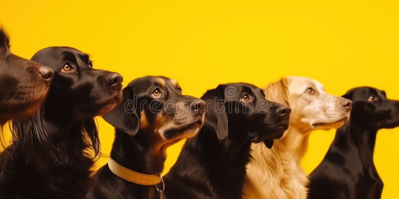 Group sitting dogs on yellow background generative ai vector illustration