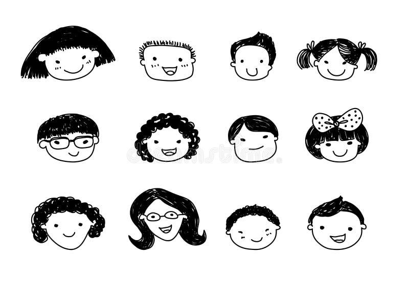 Kids Face Set Sketch, Stock vector