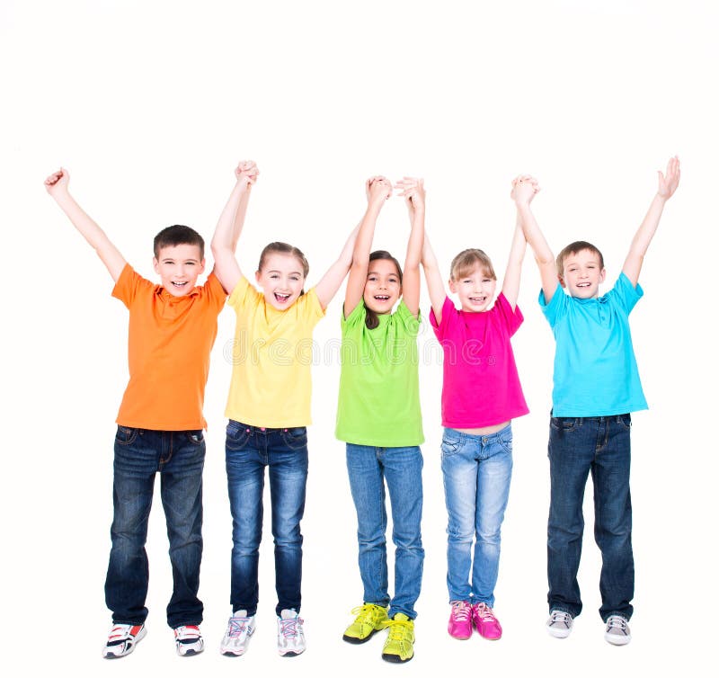 Group of smiling kids with raised hands. stock image