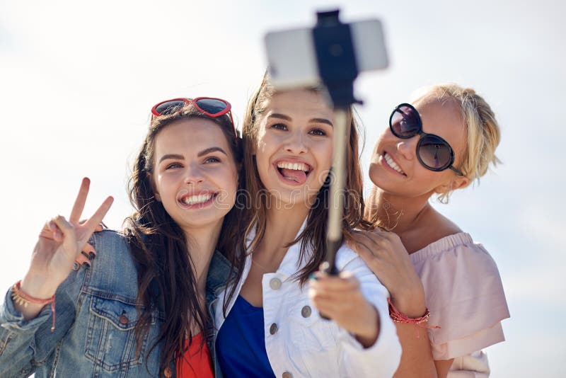 Group of Smiling Women Taking Selfie on Beach Stock Photo - Image of ...