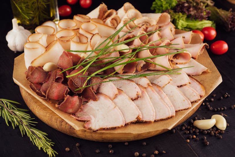 Group of Smoked Ham, Jerky, Salted Biltong Meat and Lard Stock Image