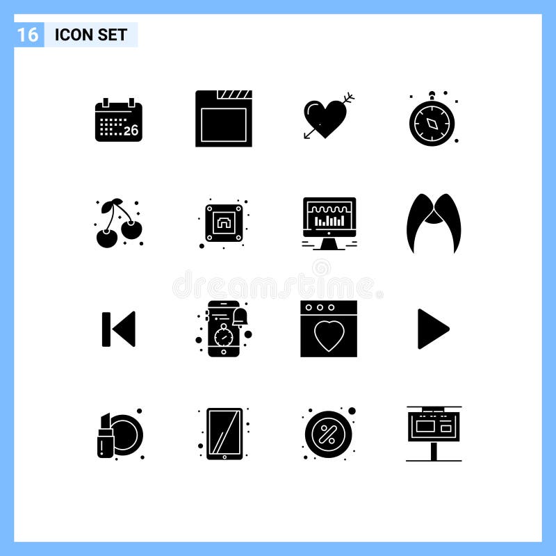 Group of 16 Solid Glyphs Signs and Symbols for cherry, travel, arrow, navigation, compass stock illustration