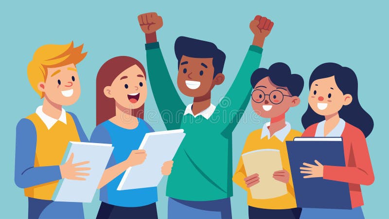 A group of students excitedly discussing the success of their latest article which has sparked a passionate response vector illustration
