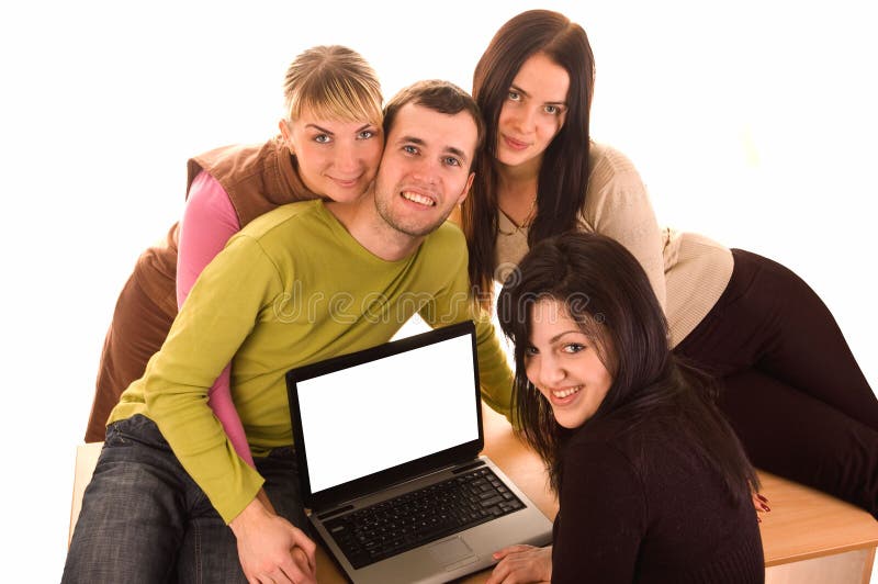 Group of students with laptop on white