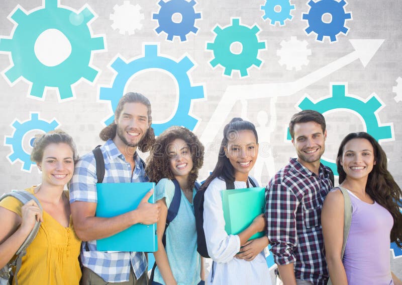 Digital composite of Group of students standing in front of brick grey background with cog wheel settings graphics