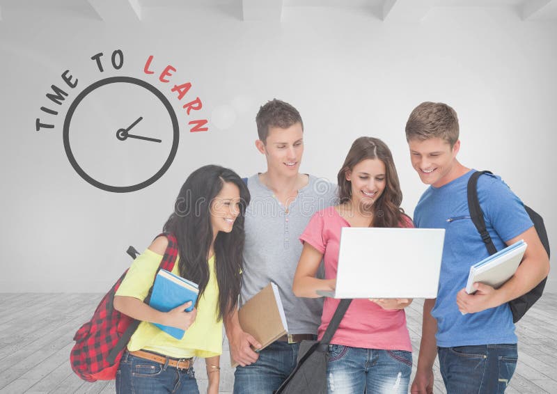 Group of students standing in front of Clock time learning royalty free stock photography