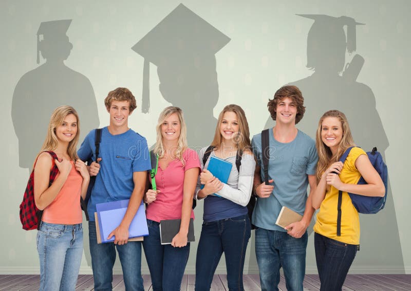 Digital composite of Group of students standing in front of graduate shadows