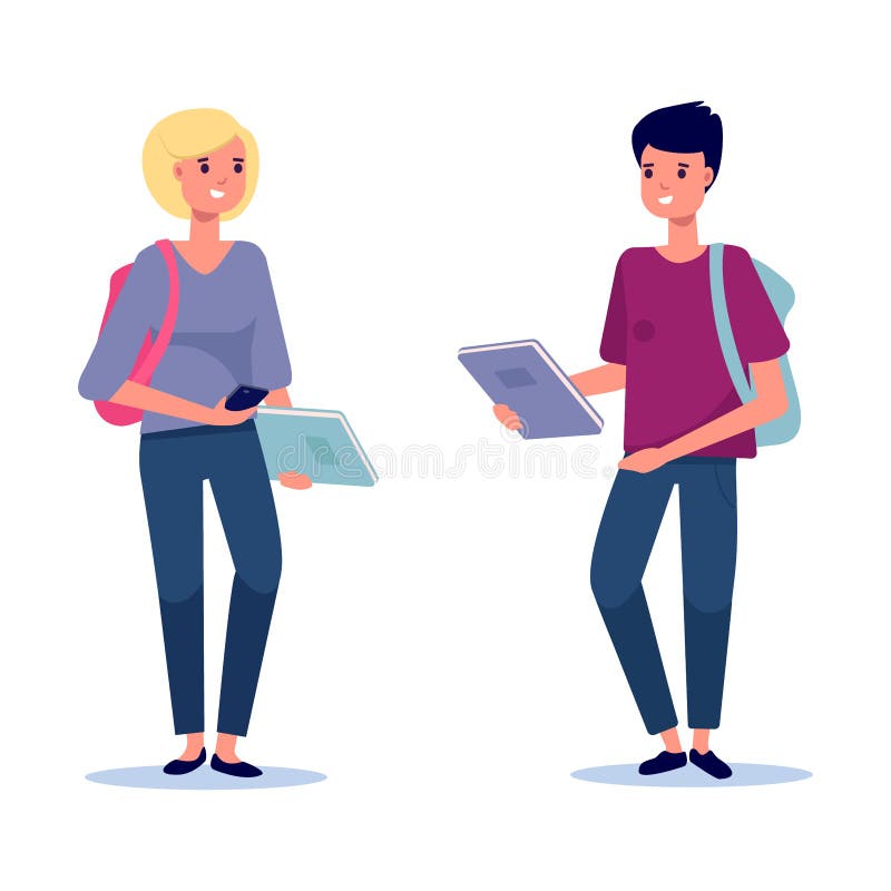 Group of students are standing together isolated on  white background. Smiling young people with backpacks and books. Vector illustration in flat style.  Education and youth concept