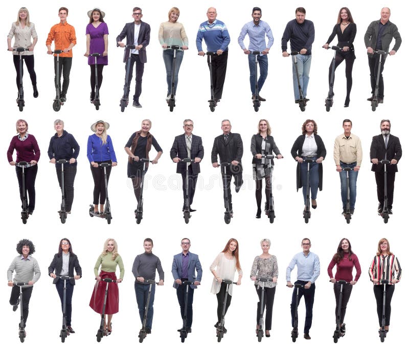 Group of successful people on scooter isolated stock image