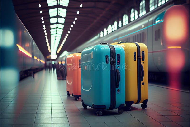 A Group of Suitcases on the Platform of the Railway Station. Travel by