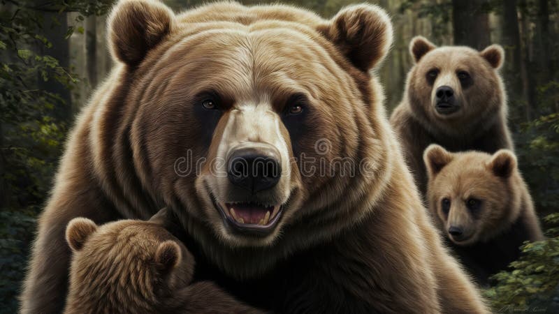 A group of three bears are standing in a forest, AI royalty free stock images