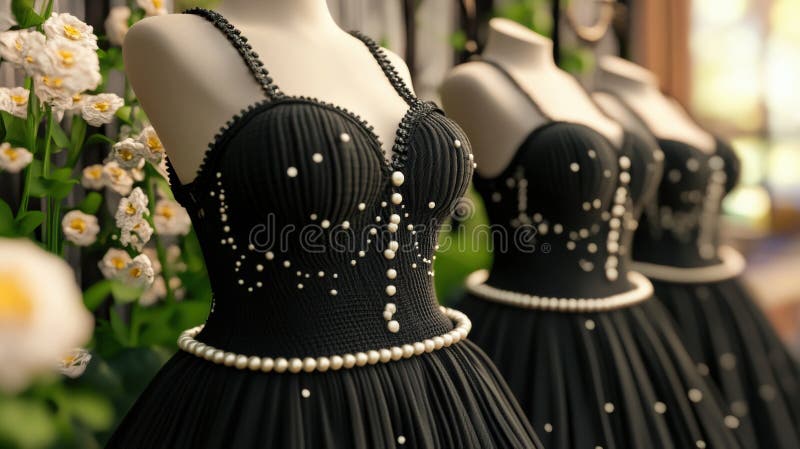 A group of three black dresses with pearls on them, AI royalty free stock images