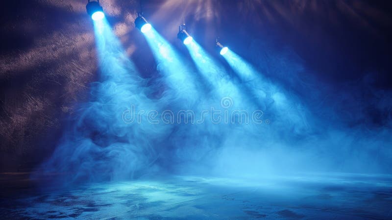 A group of three blue lights shining on a stage, AI stock photos